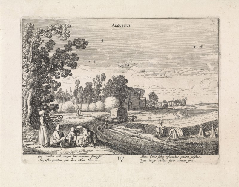 Landscape with corn harvest: august, Jan van de Velde (II), 1608 - 1618