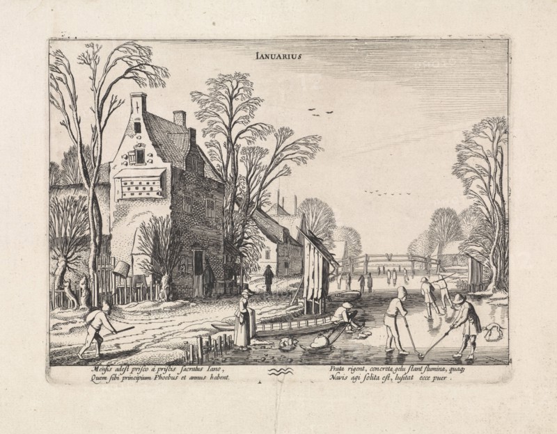 Winter landscape with flask players on the ice: january, The Netherlands, Jan van de Velde (II), 1608 - 1618