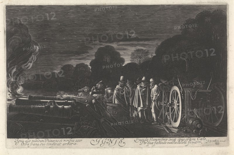 Landscape with soldiers firing guns at night, representing the fire element, representations of one of the four elements, print maker: Jan van de Velde (II) (mentioned on object), Dating 1603 - 1641