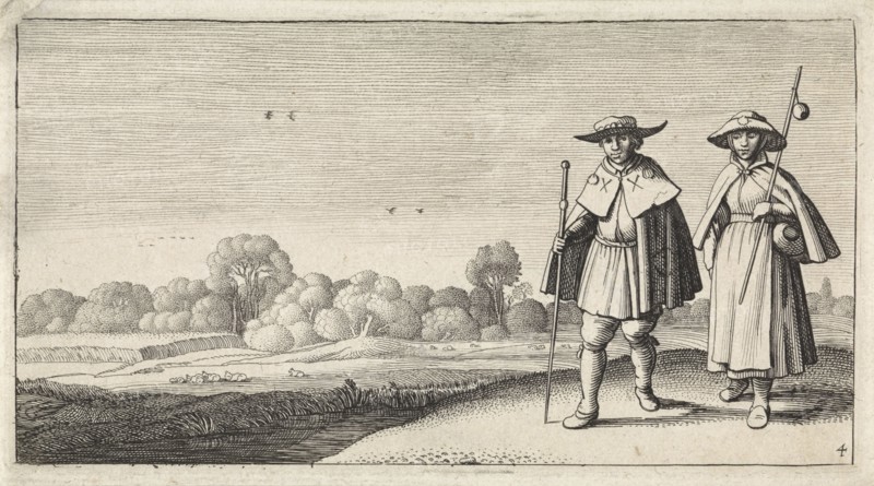 Two pilgrims in a landscape, Jan van de Velde (II), Claes Jansz. Visscher (II), 1603 - 1652