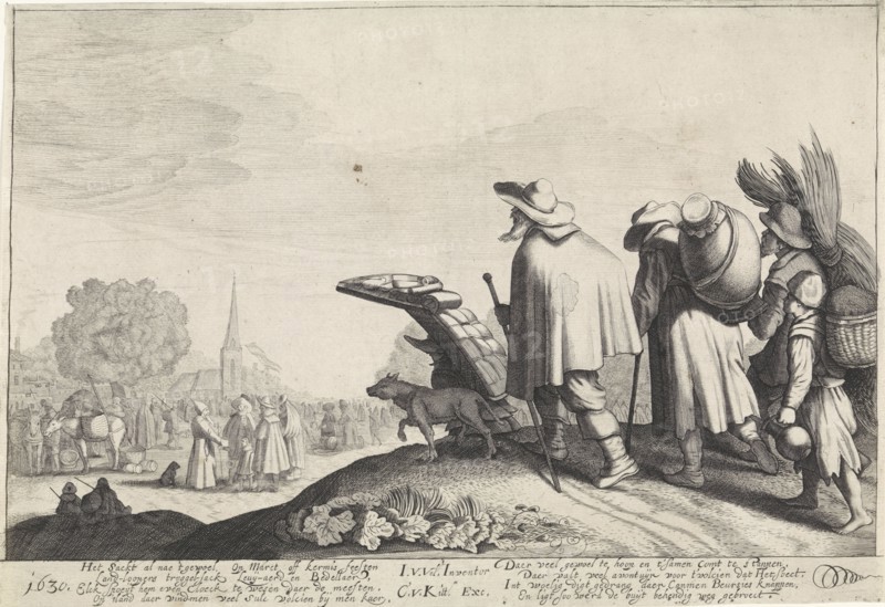 A procession of tramps on the way to the market or fair, the first carries a large rack on the back and shoulders which contains all kinds of articles, others carry a big jug on their back and two bales of straw and a basket, Jan van de Velde (II) (mentioned on object), Dating 1630