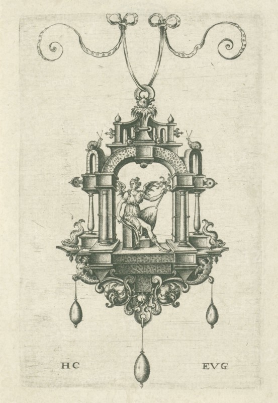 Pendant (pendeloque) with a winged woman with snake sword and stick in the hands. Hans Collaert (I), Monogrammist EVG, Anonymous, c. 1555 - c. 1576