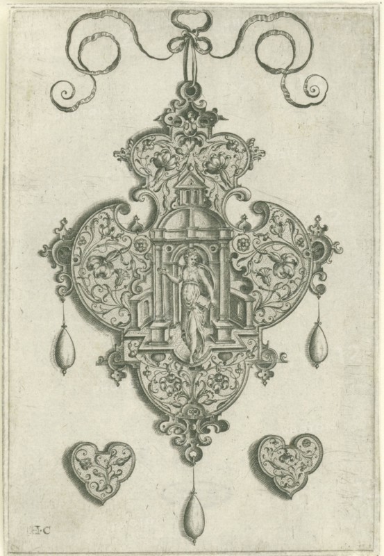 Front of a pendant (pendeloque), In the center a niche with a dome, In the niche the personification of Faith (Fides), a woman standing with a book in his left hand, a costume ornament, print maker: H. Collaert, Dating c. 1585 - before 1599