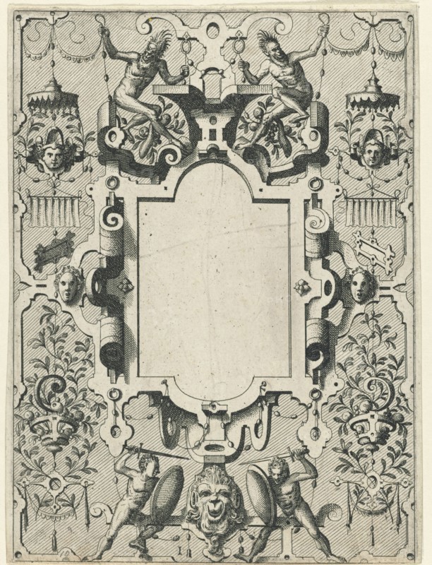 Cartouche in a frame of scroll work with grotesques, Johannes or Lucas van Doetechum, Hans Vredeman de Vries, Hieronymus Cock, c. 1555 - c. 1560