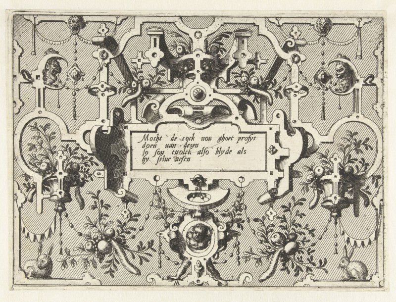 Cartouche with grotesques, bottom center is a child, print maker: Johannes or Lucas van Doetechum, Hans Vredeman de Vries, Hieronymus Cock, c. 1555 - c. 1560