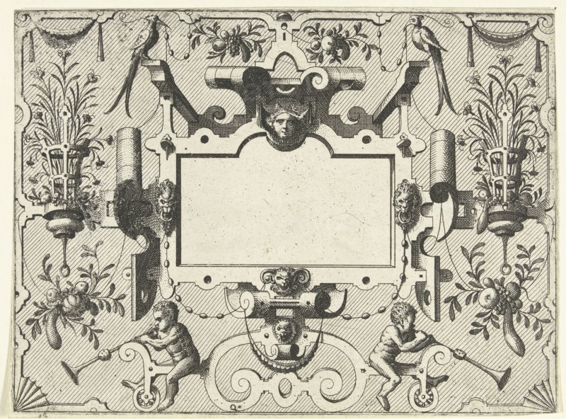 Cartouche surrounded by grotesques, with left and right a basket with flowers, Johannes or Lucas van Doetechum, Hans Vredeman de Vries, Hieronymus Cock, c. 1555 - c. 1560