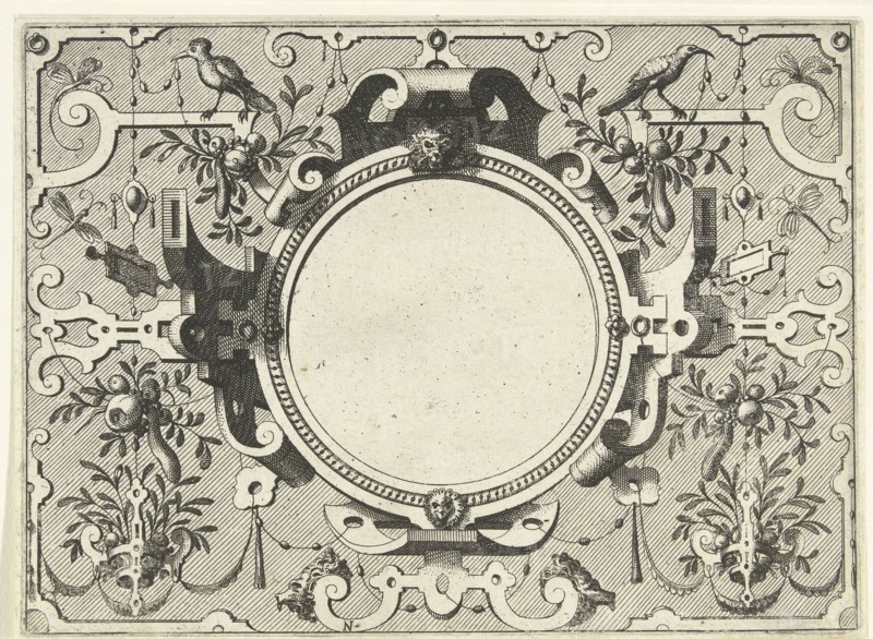 Round cartouche surrounded by scroll work with garlands and fruit bunches, Johannes or Lucas van Doetechum, Hans Vredeman de Vries, Hieronymus Cock, c. 1555 - c. 1560