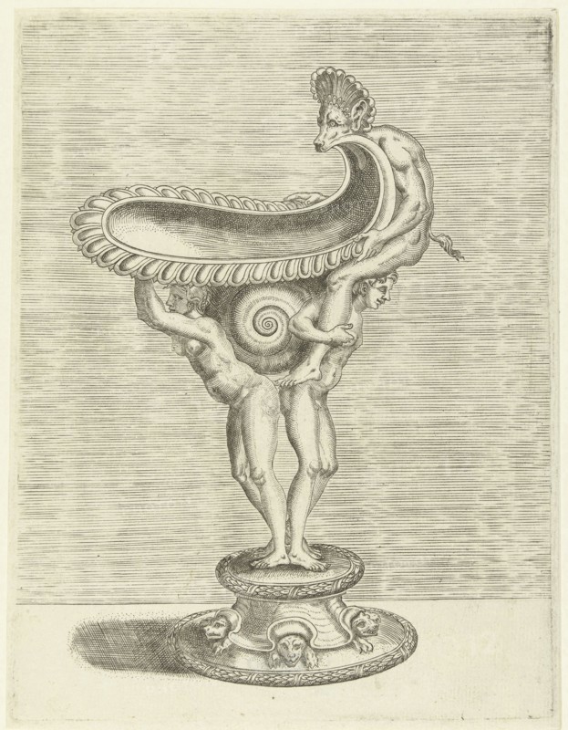The bowl rests on a cochlea that is sandwiched between the backs of a man and a woman, the woman holds the bowl with her hands, the man wearing the satyr on his shoulders, print maker: Balthazar van den Bos, Dating 1548