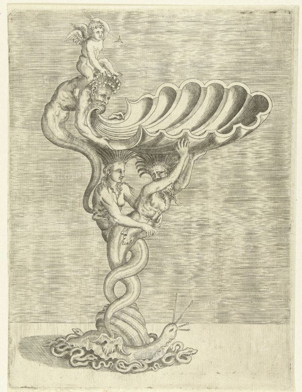 Scale in the form of a shell, supported by a mermaid and a merman, Balthazar van den Bos, Cornelis Floris (II), Hieronymus Cock, 1548