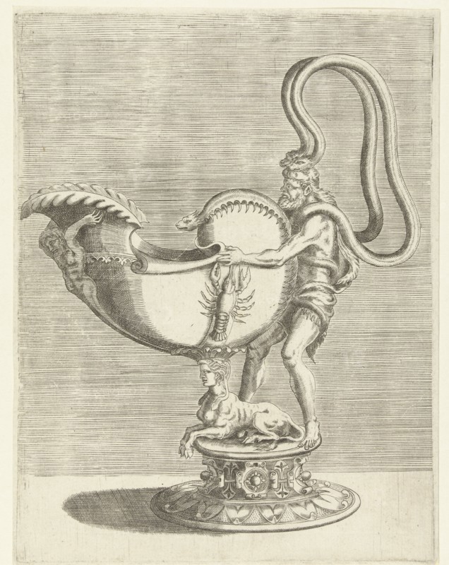 Nautilus Trophy with a lobster on the belly, print maker: Balthazar van den Bos, Cornelis Floris II, Hieronymus Cock, 1548