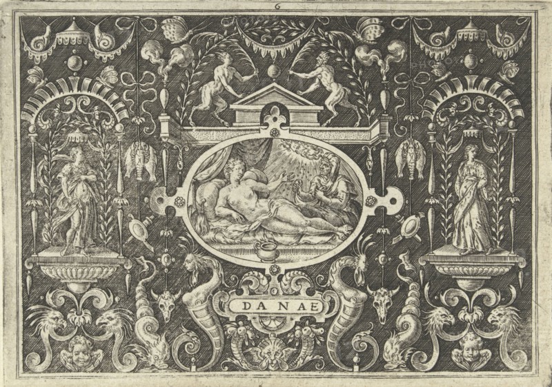 Cartouche with the presentation of Danae, lying on a canopy bed, Jupiter descends on her like a rain of gold, the cartridge is mounted in a frame ornament with grotesques and allegorical female figures, against a shaded background, print maker: Abraham de Bruyn, Dating 1584
