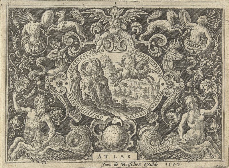 Cartouche: Atlas turns into a mountain, Abraham de Bruyn, 1584