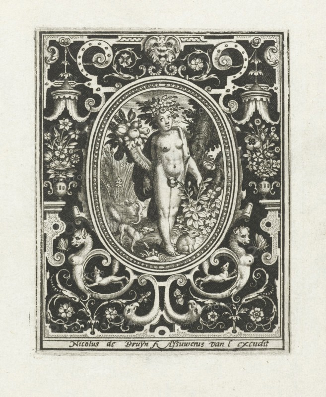Element earth as a young woman with cornucopia and rosebush in picture frame with ornaments, Nicolaes de Bruyn, Assuerus van Londerseel, 1581 - 1656