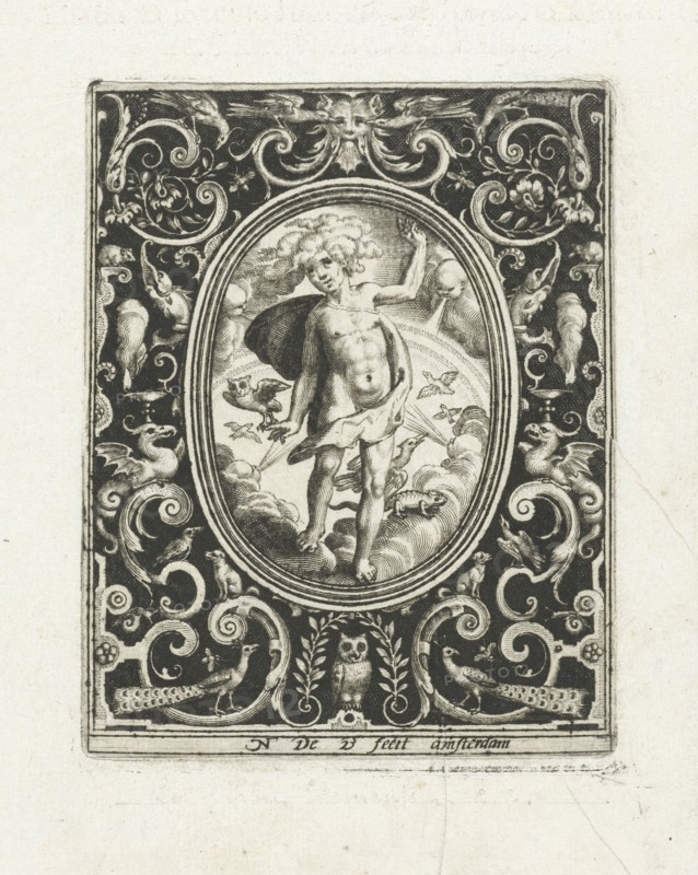 The element of air as a young man standing on clouds with owl on his hand and flying birds behind him, from the four wind directions blow the winds, print maker: Nicolaes de Bruyn (mentioned on object), Dating 1581 - 1656