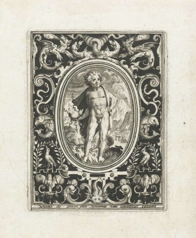 Element fire as a young man standing with thunderbolt in his hand in landscape with smoking volcanoes in the background, on a frame we see fire-breathing fantasy creatures, fish, birds and burning oil lamps, print maker: Nicolaes de Bruyn (mentioned on object), Dating 1581 - 1656