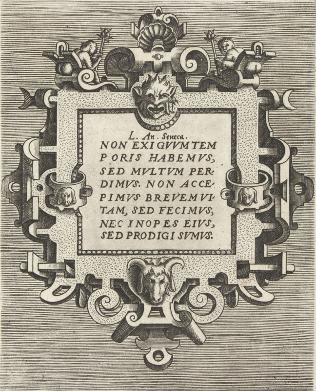 square cartouche with a quote from Seneca, Frans Huys, Hans Vredeman de Vries, Gerard de Jode, 1557