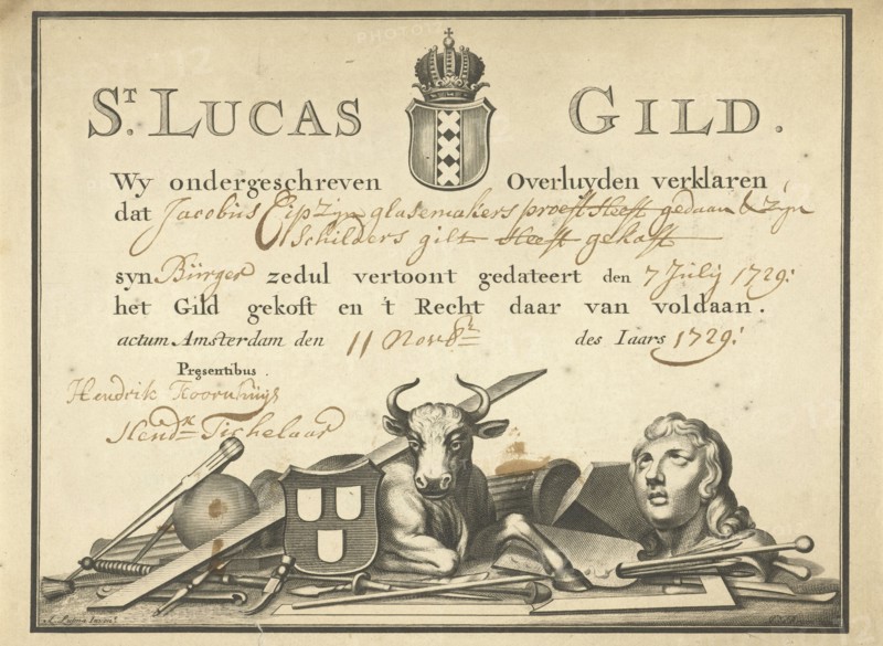 Guild Letter of the Guild of St. Luke in Amsterdam, The Netherlands, Johannes de Broen, c. 1700 - c. 1729