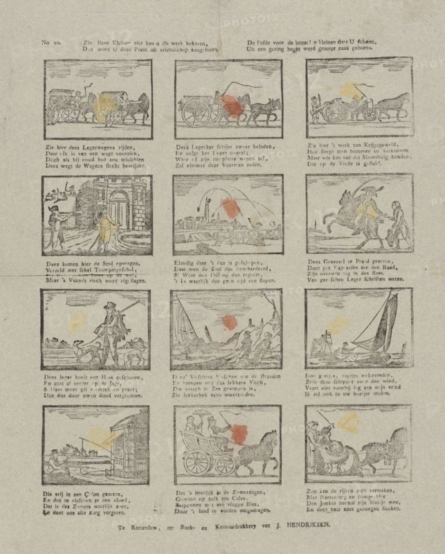 Vehicles, hunters and fishermen, under each picture a four-line verse, Jan Hendriksen (mentioned on object), Dating 1781 - 1828