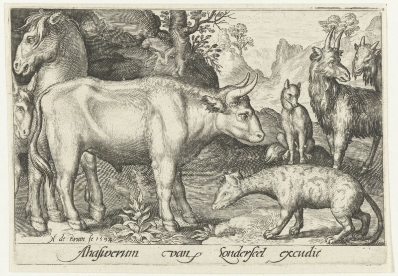 Taurus and other livestock and hyenas, Nicolaes de Bruyn, 1594