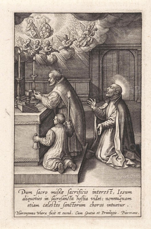 Ignatius Loyola has a vision of the Trinity, print maker: Hieronymus Wierix, 1611 - 1615