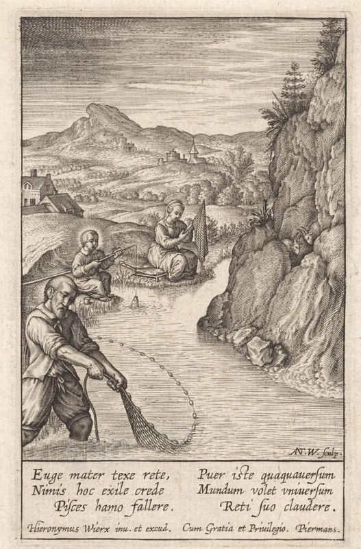 Holy Family fishing, Antonie Wierix (III), Hieronymus Wierix, Piermans, 1606 - before 1619