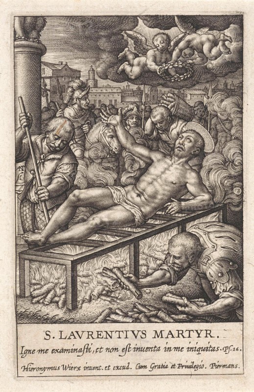 St. Lawrence laying on a lattice, a fire burns, his executioners stoke the fire, the prefect is watching, surrounded by other spectators, two angels from heaven let descend a laurel wreath, print maker: Antonie Wierix (III) (attributed to), Dating 1606 - 1619