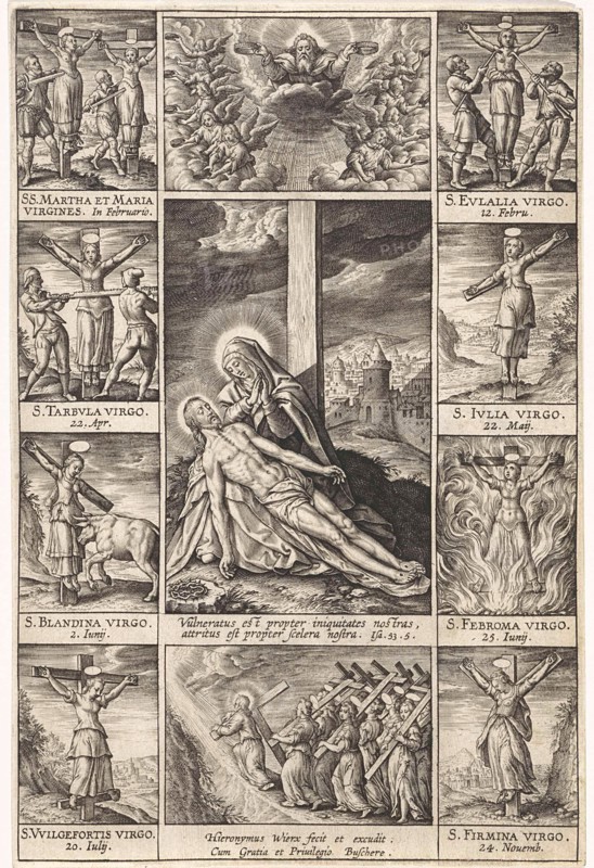 Pieta surrounded by scenes of crucified martyrs, Hieronymus Wierix, 1597 - 1619