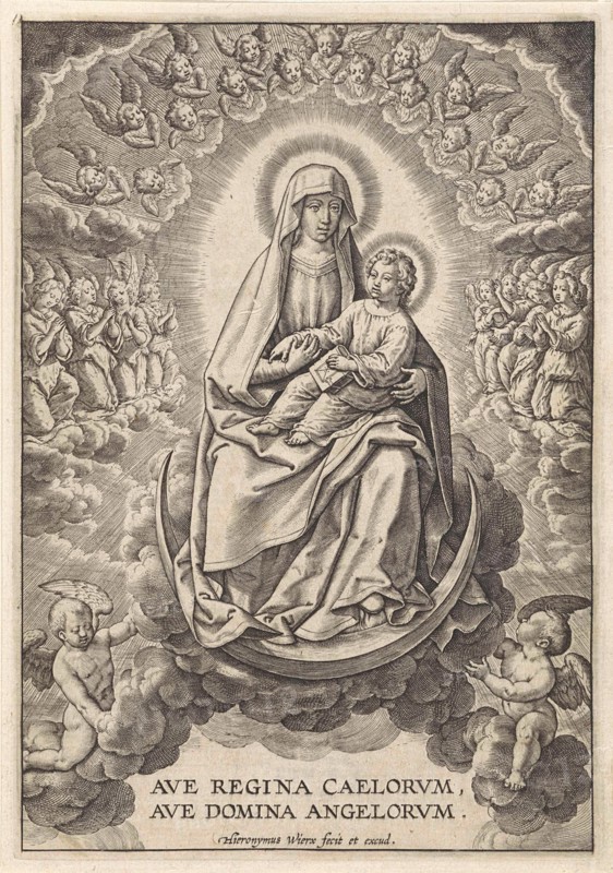 Mary with the Christ Child on the crescent moon, print maker: Hieronymus Wierix, 1563 - before 1613