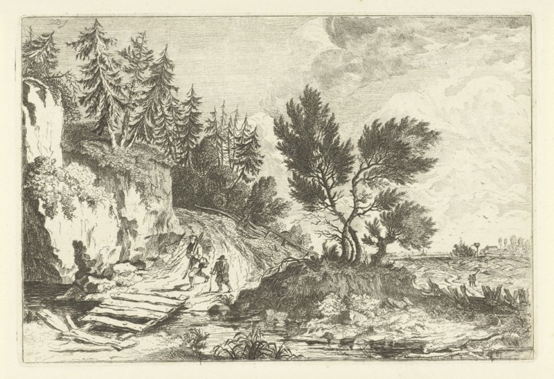 Two hikers on a bridge, Joannes Bemme, c. 1795 - c. 1810