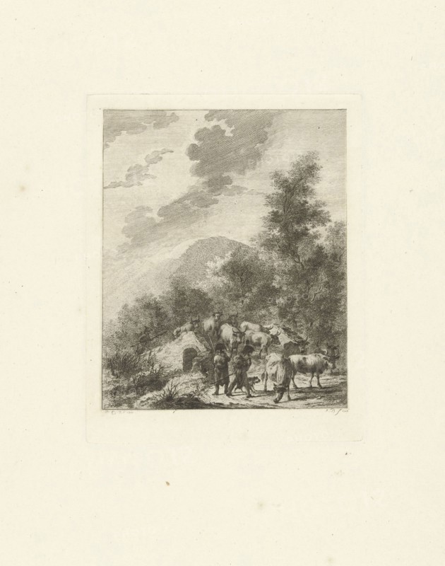 Soldiers drive a herd of cows on a bridge, print maker: Joannes Bemme, Dirk Langendijk, 1803