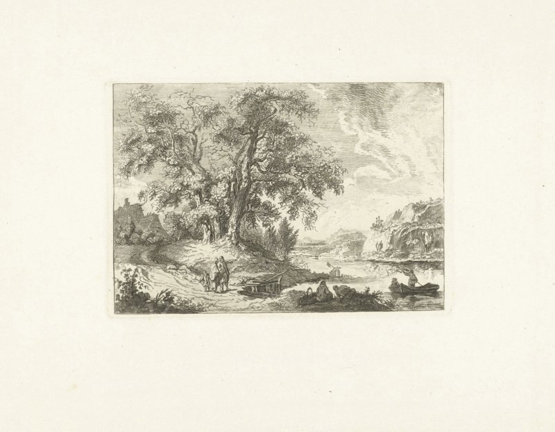 River Landscape with waiting people at a crosswalk, attributed to Joannes Bemme, 1800 - 1841