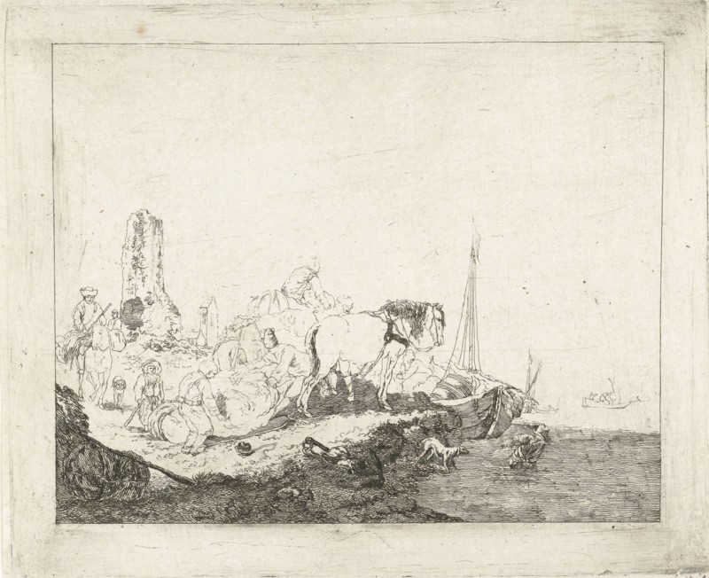 Beach Scene with man and dog in water, Joannes Bemme, 1795 - 1841