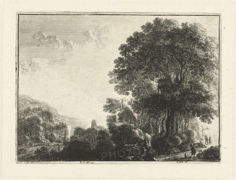 Mountainous landscape, a man and his dog, behind them is a flute player, a man and a woman listening to his game, a church, Gilles Neyts (mentioned on object), Dating 1643 - 1679