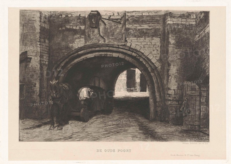 Vehicle with horse under an old port, print maker: Willem Steelink II, Mouton & Co., 1889
