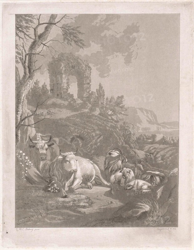 Cows, goats and sheep in a mountainous landscape with ruins, Diederik Jan Singendonck, 1814