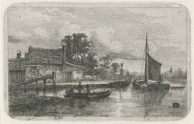 Sailing ship on the waterfront, Hermanus Jan Hendrik van Rijkelijkhuysen, 1823-1883