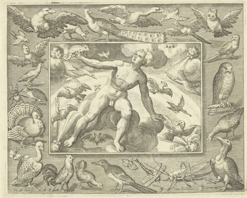 Element air as a young man on clouds between flying birds, print maker: Nicolaes de Bruyn, Maerten de Vos, 1581 - 1656
