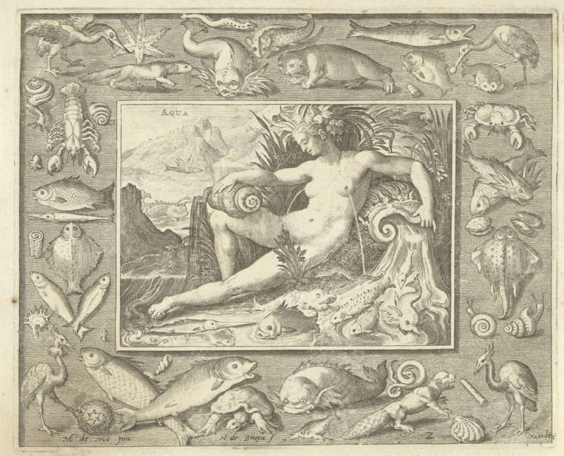 Element water as naked woman sitting near a well with fish, water flowing from her breasts, in frame fish, otter, seal, spoonbill, turtle and shellfish, print maker: Nicolaes de Bruyn (mentioned on object), Dating 1581 - 1656