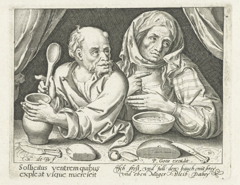 Man and woman eating porridge, Nicolaes de Bruyn, Pieter Goos, 1581 - 1656