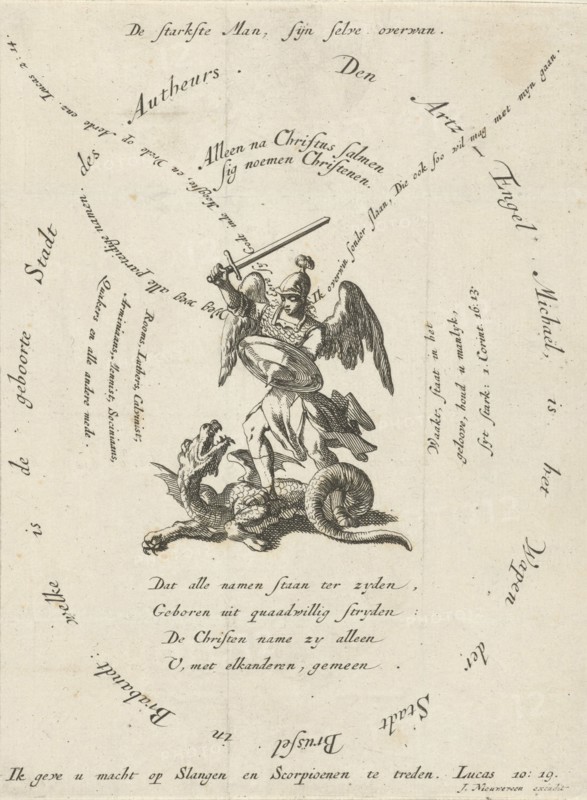 Archangel Michael slaying the dragon, around different inscriptions, Jan Luyken, Jacobus van Nieuweveen, 1694
