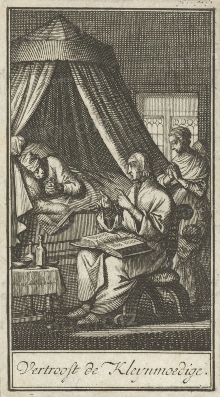 Praying figures at the bedside of a sick person, Jan Luyken, Barent Bos, 1714