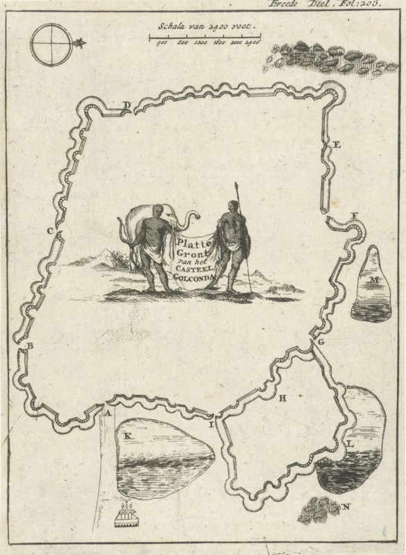 Map of Golkonda Fort, India, Jan Luyken, Jan Claesz ten Hoorn, 1693