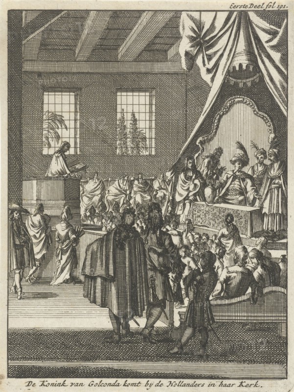 King of Golkonda visiting Dutch in their church, India, Jan Luyken, Jan Claesz ten Hoorn, 1693