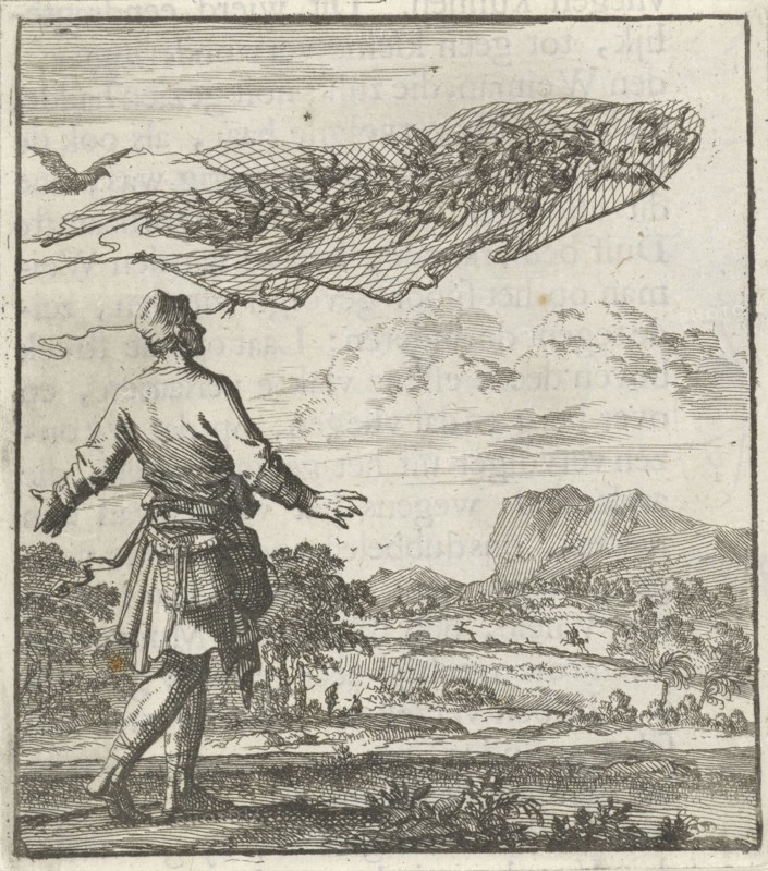 Bird catchers, bird netting, pigeons, Jan Luyken, Aart Wolsgrein, 1693