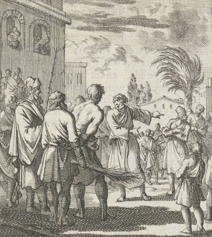 An executioner is ready to flog a prisoner, a hermit designate the court the person that has robbed him, print maker: Jan Luyken, Dating 1693
