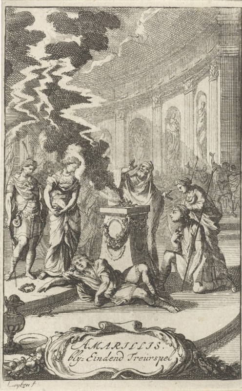 Amaryllis in a temple near the body of Damon, who was killed by lightning, Caspar Luyken, erven Jacob Lescailje, 1693