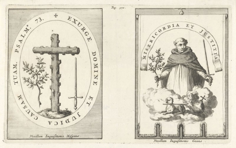 Medallion with cross of knotty wood, St. Dominic with sword and olive branch in hand, Jan Luyken, Henricus Wetstein, 1692