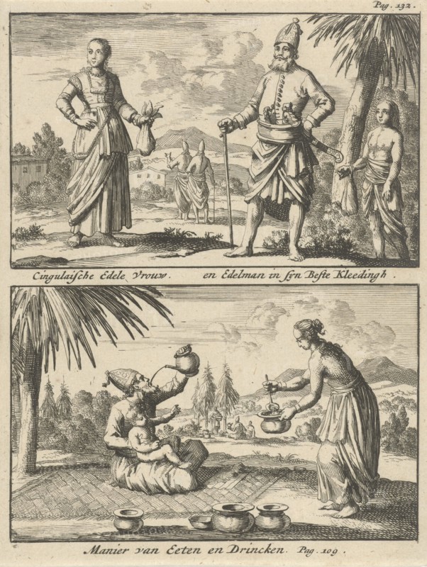 Sinhalese nobleman and noblewoman, way of eating and drinking of the Sinhalese, Jan Luyken, Willem Broedelet, 1692