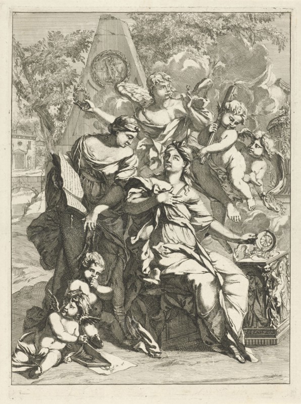 Two allegorical female figures surrounded by angels in front of a memorial, Caspar Luyken, 1691