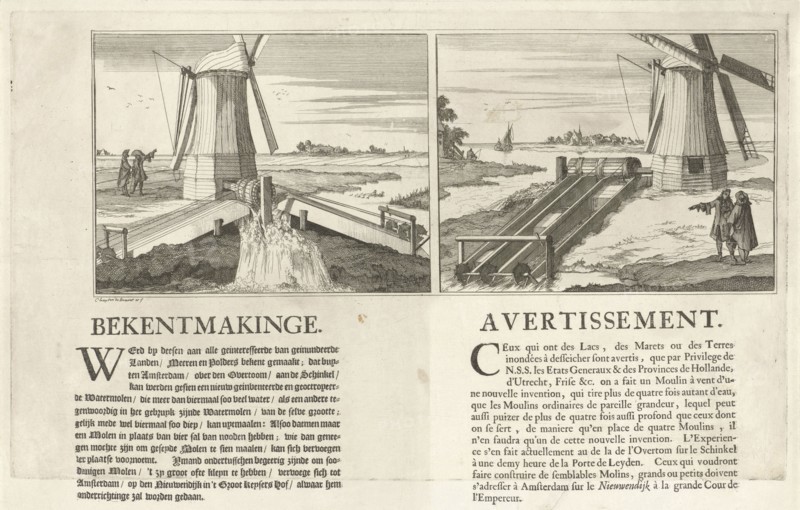 Announcement of a new type of water mill, ca. 1691, print maker: Caspar Luyken, 1691